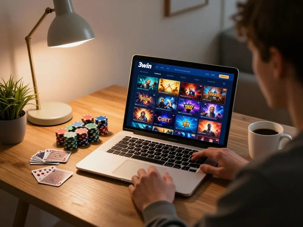 Engaging in online casino gaming at 3win with organized playing cards and a cozy atmosphere.