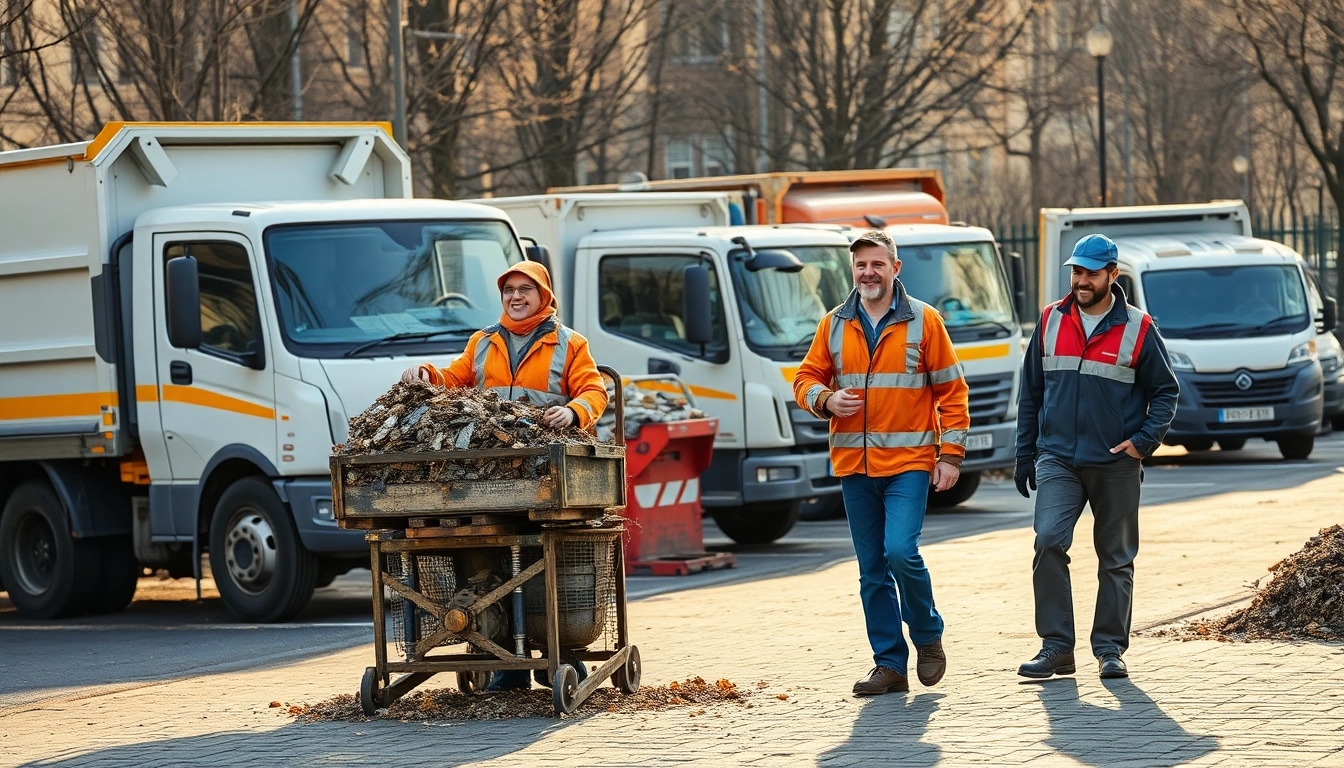 Effiziente Schrottabholung Düsseldorf durch ein professionelles Team mit Fahrzeugen im Hintergrund.
