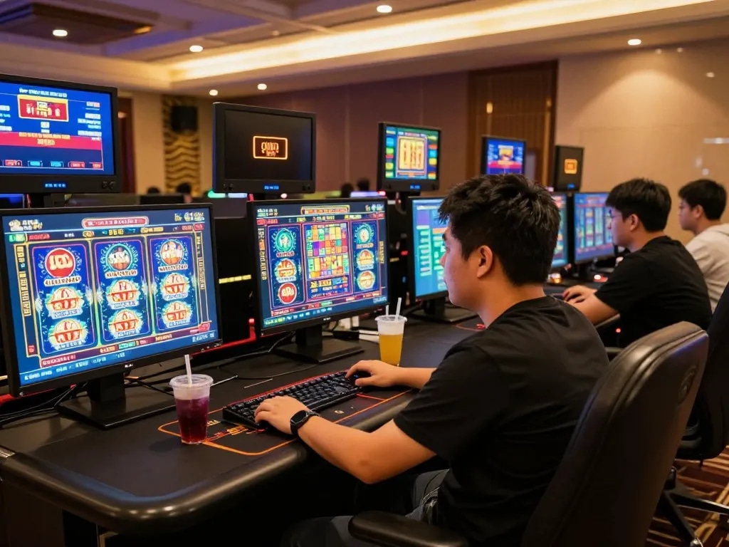 Player engaged with multiple toto slot games on a modern gaming setup, vibrant screens illuminating excitement
