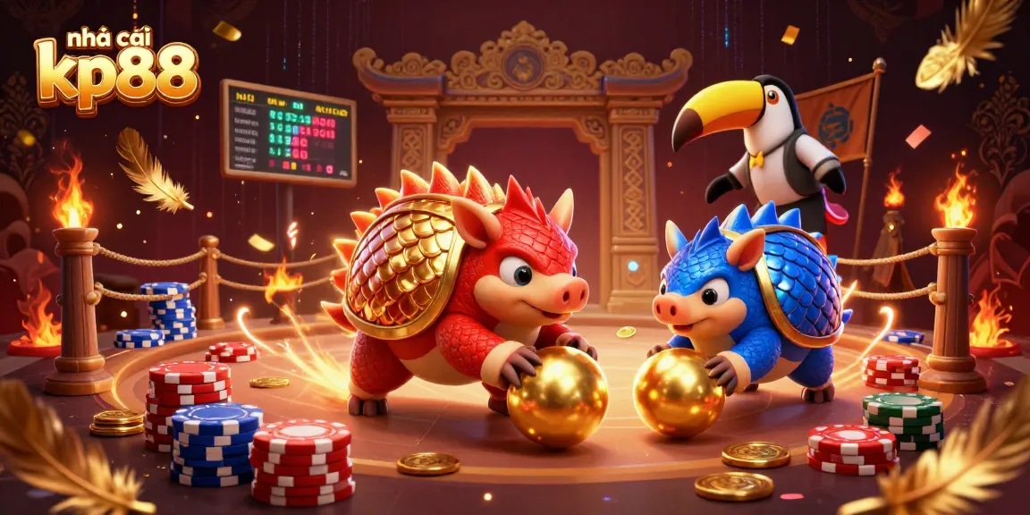 Engaging illustration of nhà cái kp88 featuring dynamic pangolins and casino elements for exciting gameplay.