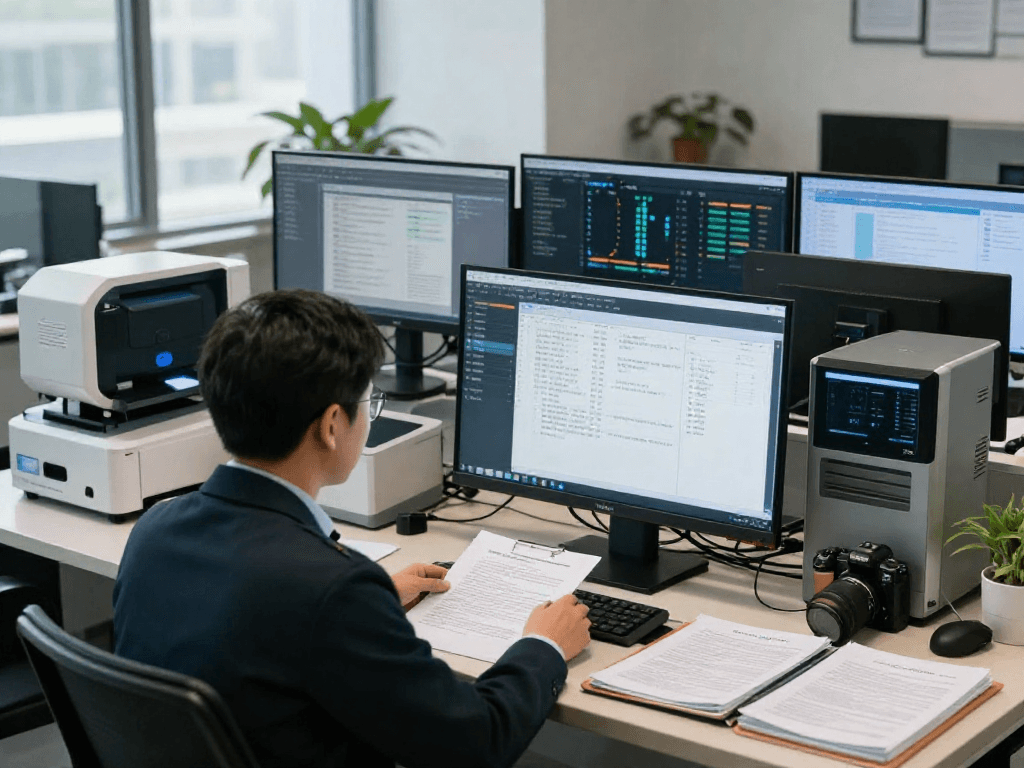 Compliance officer performing document fraud detection analysis in a modern office.