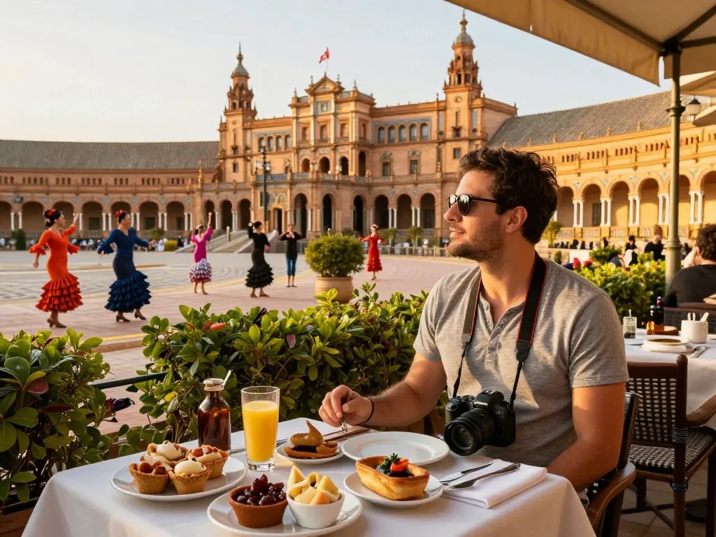 Reisetipps Sevilla - Reisender genießt Tapas und atemberaubende Ausblicke im Real Alcázar in Sevilla