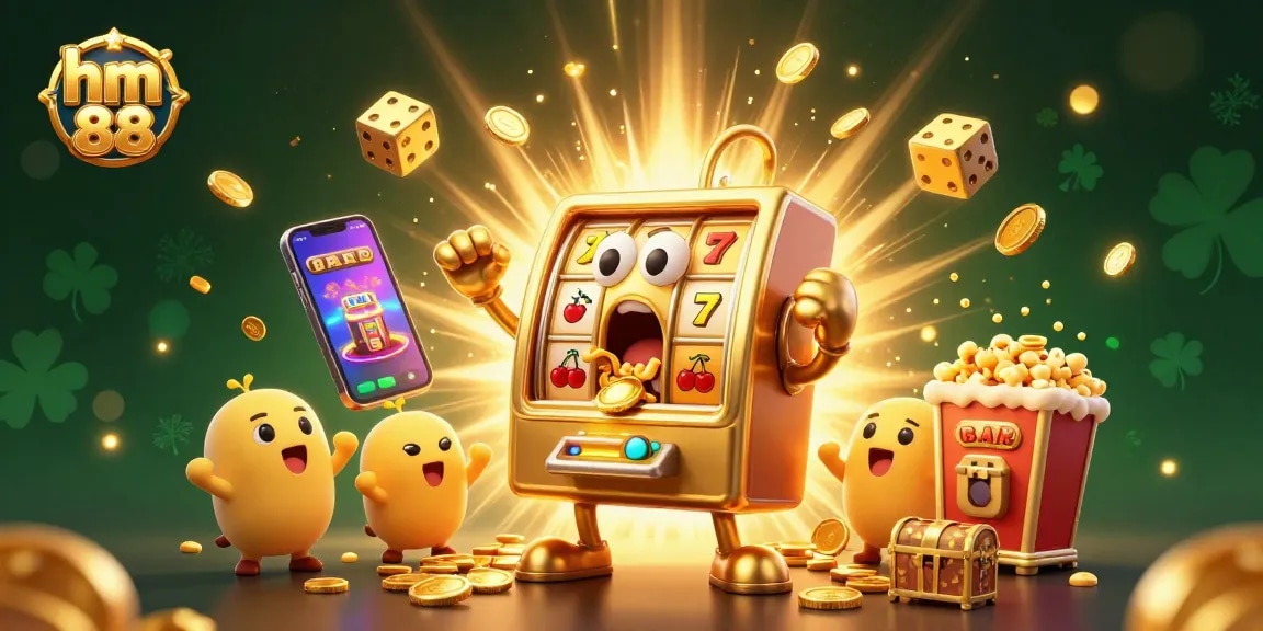 Engage with hm 88's thrilling slots as a golden slot machine wins a jackpot showering coins.