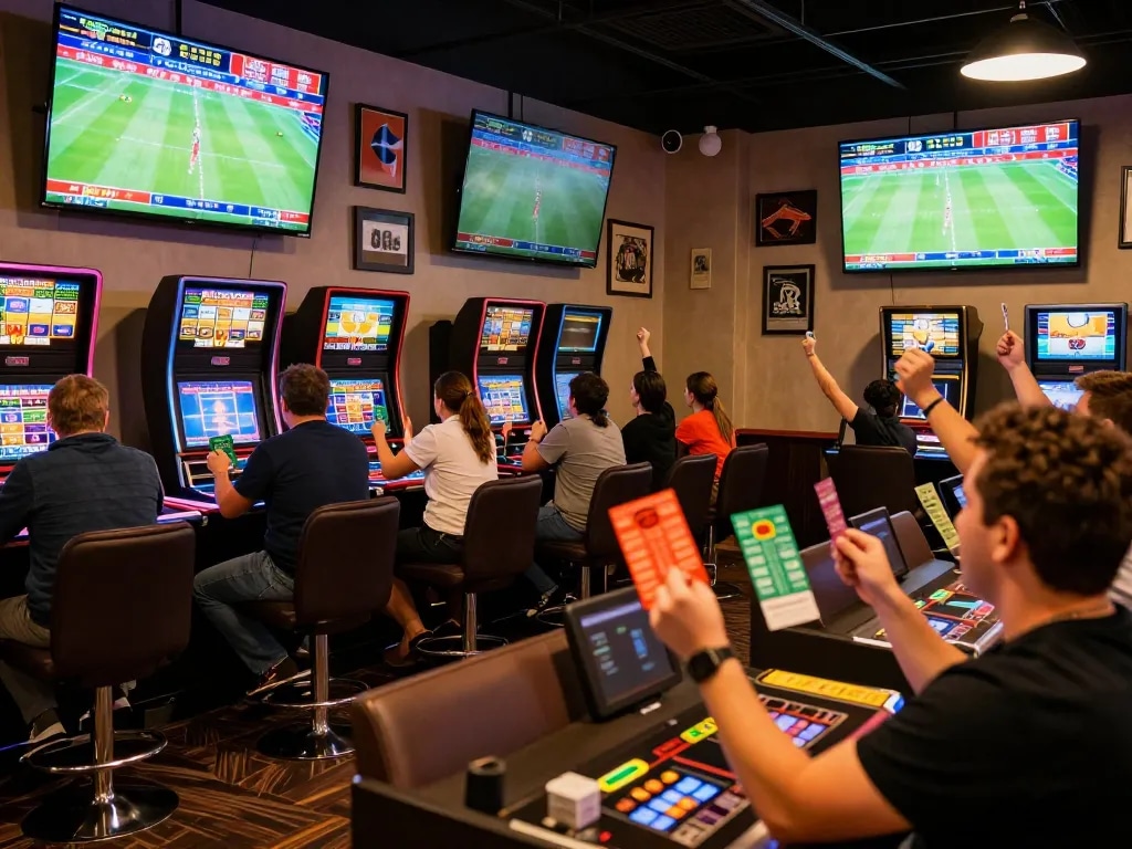 Go8 sports betting fans celebrating wins in a vibrant casino atmosphere.