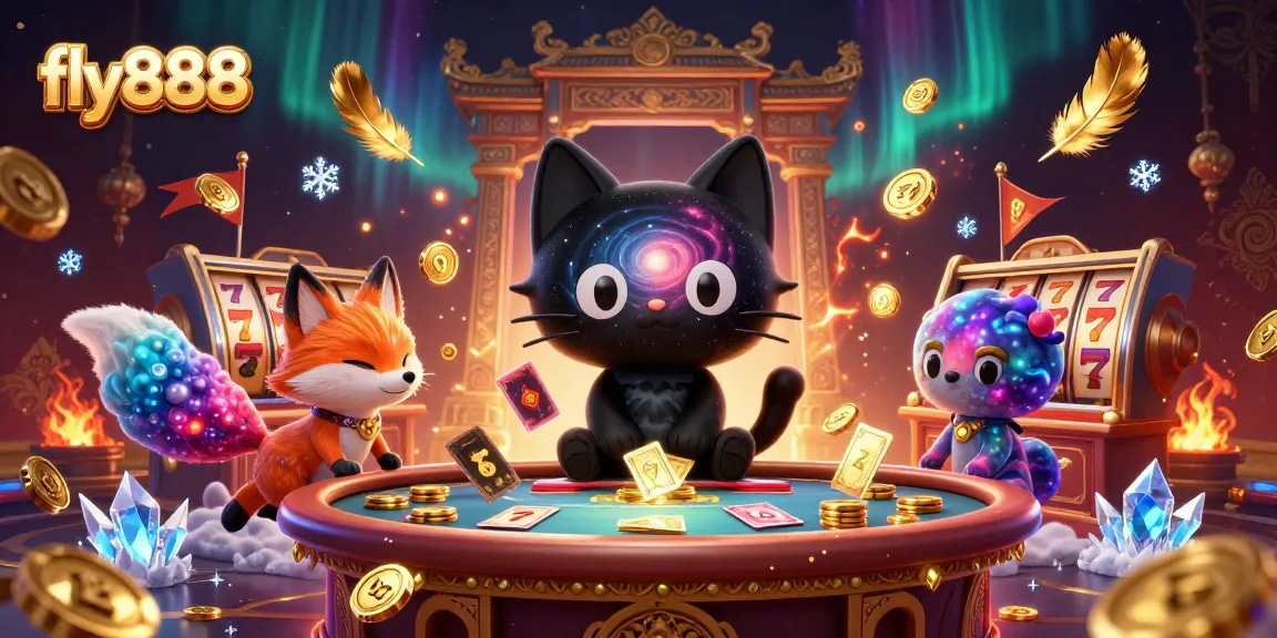 Experience thrilling slots with fly888 amidst a cosmic casino scene featuring unique characters and vibrant effects.