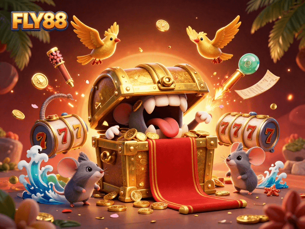 FLY88 players spin vibrant slot reels and win prizes in this enchanting casino illustration.