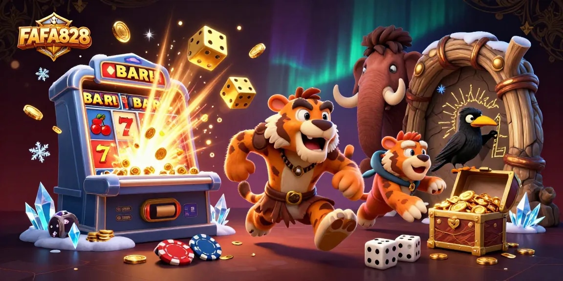 Play FAFA828 slots with creative cavemen and sabertooth in a vibrant prehistoric casino scene.