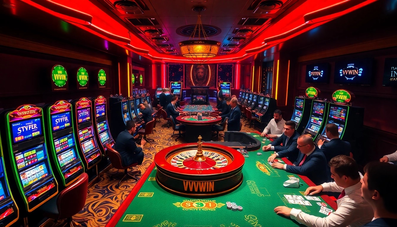 VVVWIN casino scene featuring players at slot machines and poker tables in a luxurious setting.