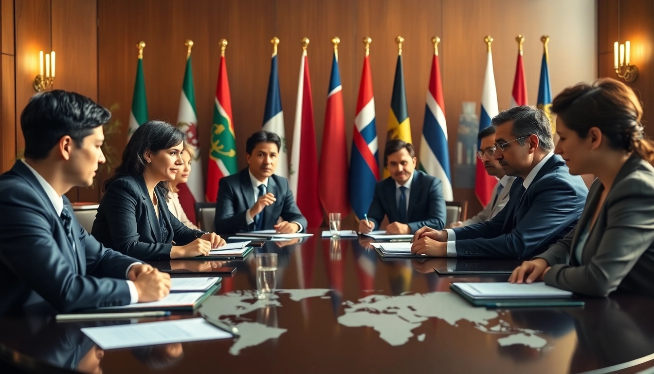Dynamic group of best diplomats engaging in negotiations at an elegant round table.