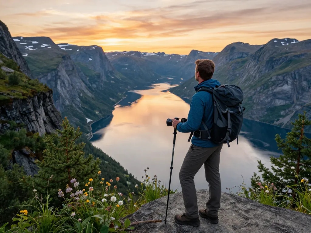 Skandinavien Reisetipps Abenteuer an einem Fjord-Aussichtspunkt bei Sonnenuntergang, der atemberaubende Landschaften und Erkundungen zeigt.