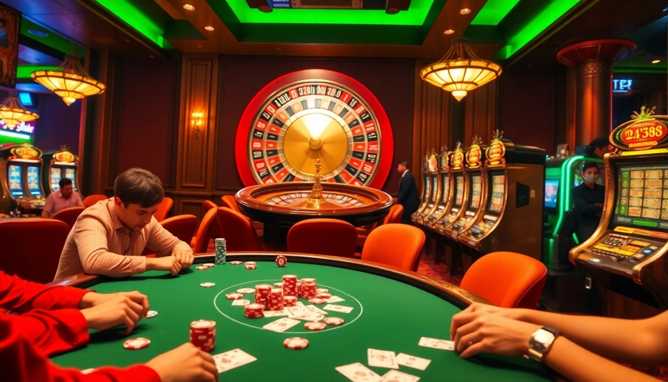 Gambers at a topclub poker table focus intently on their game amidst vibrant casino excitement