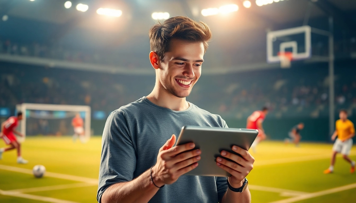Junger Erwachsener platziert Sportwetten ohne LUGAS auf einem Tablet mit lebhaften Sportaktivitäten im Hintergrund.