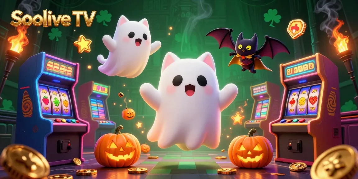 Engage with the Socolive TV experience in a vibrant casino scene with a ghost cat and bat.