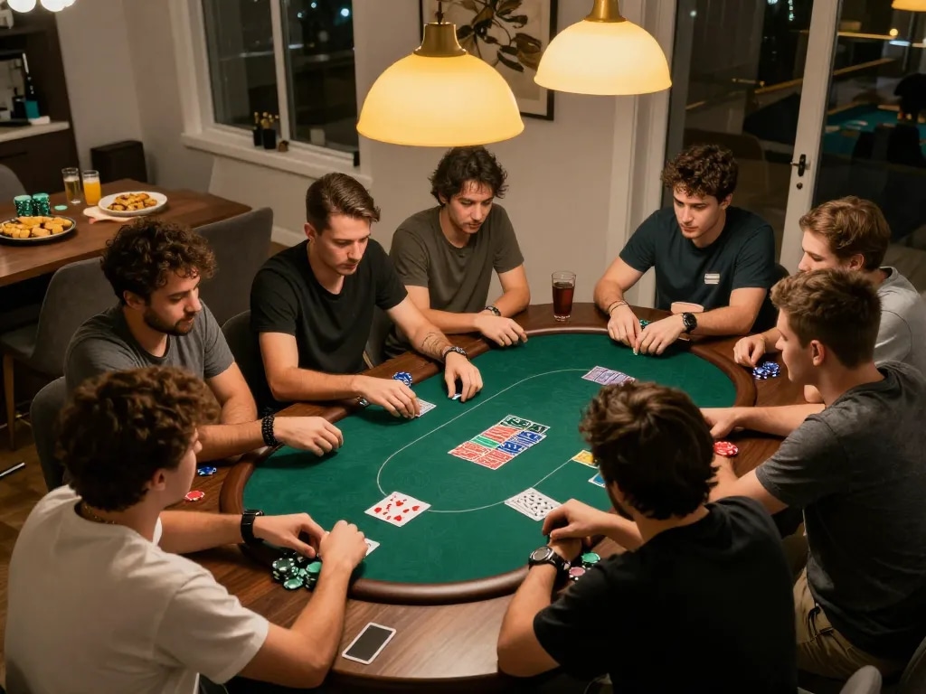 uu88 players competing intensely at a home poker night, showcasing chips and cards with excitement.
