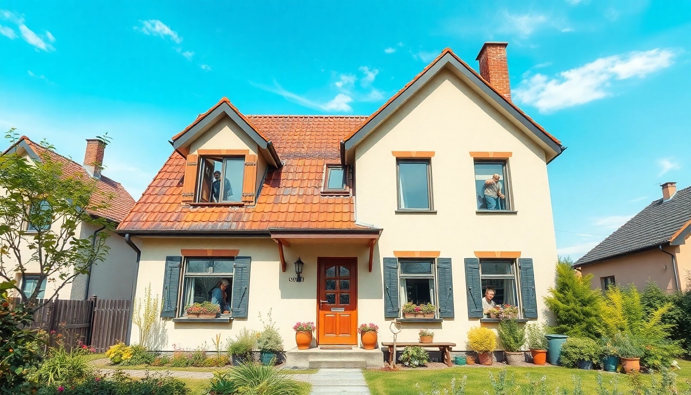 Ein schön renoviertes Haus, das den Begriff Hausrenovierung durch seine moderne Fassade und lebhafte Gartenlandschaft verkörpert.