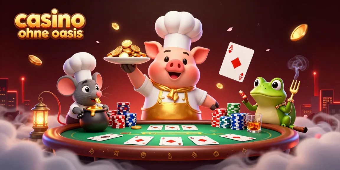 Corners of gold coins served in a casino ohne oasis scene featuring chefs and poker elements.