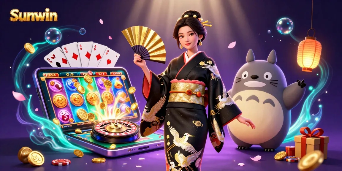 Experience exciting gameplay with Sunwin as vibrant slots and casino elements surround characters in a stunning illustration.