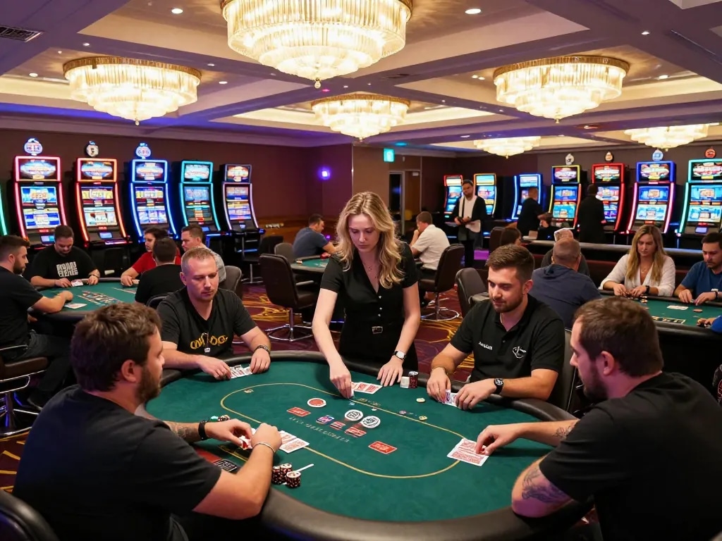Intense poker game at a premium casino featuring 888NEW, players engaged in strategy and excitement.