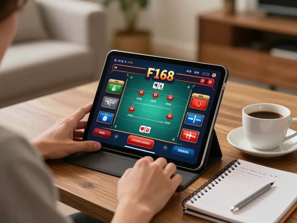 Engaging F168 online casino gaming scene with a tablet displaying poker, cozy home setting.