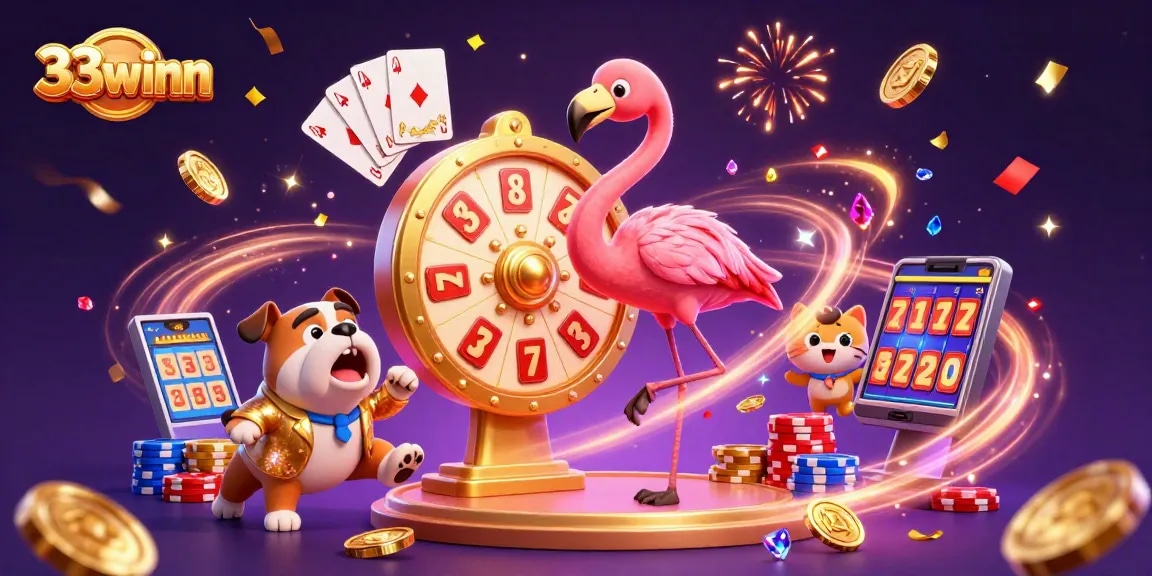 33winn celebrates with a flamingo game show host, bulldog contestant, and prizes soaring.