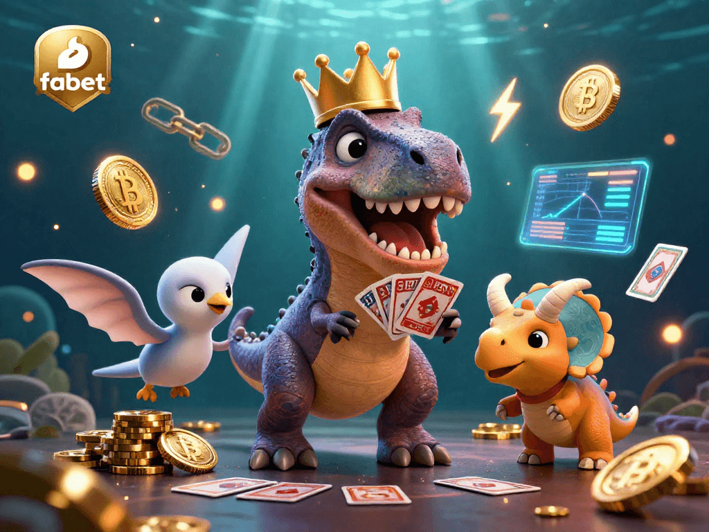 Join the fun with fabet as a friendly T-Rex shuffles cards amidst glowing cryptocurrency coins and vibrant graphics.