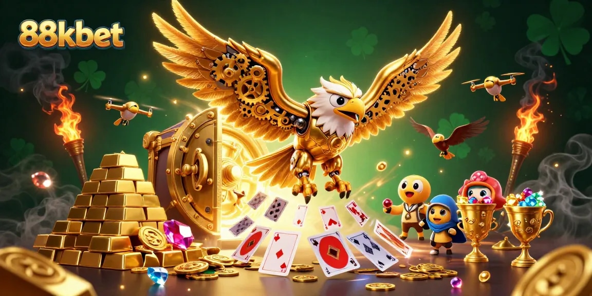Engage with the thrilling action of 88kbet as a golden eagle soars through a cascade of holographic cards.