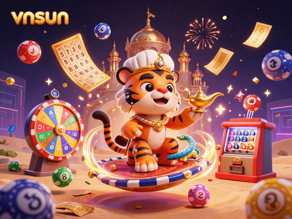 Experience thrilling gaming action with vnsun, featuring a vibrant 3D casino scene filled with lottery games.