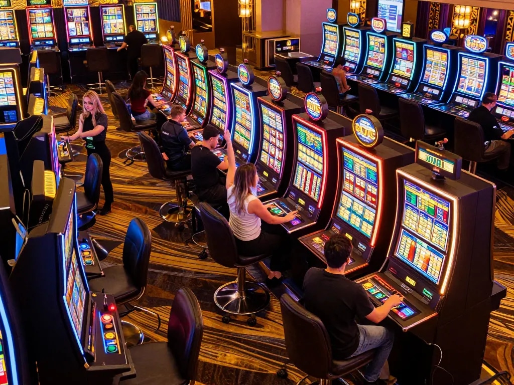KJC players excitedly engaging with slot machines on a vibrant casino floor filled with energy and celebration.