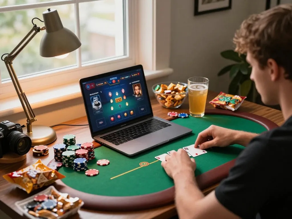 Engage in thrilling poker sessions at home with MB66 gaming setup surrounded by snacks and drinks.