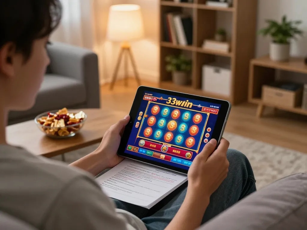Engaging home gaming scene with a player enjoying 33win casino games on a tablet.