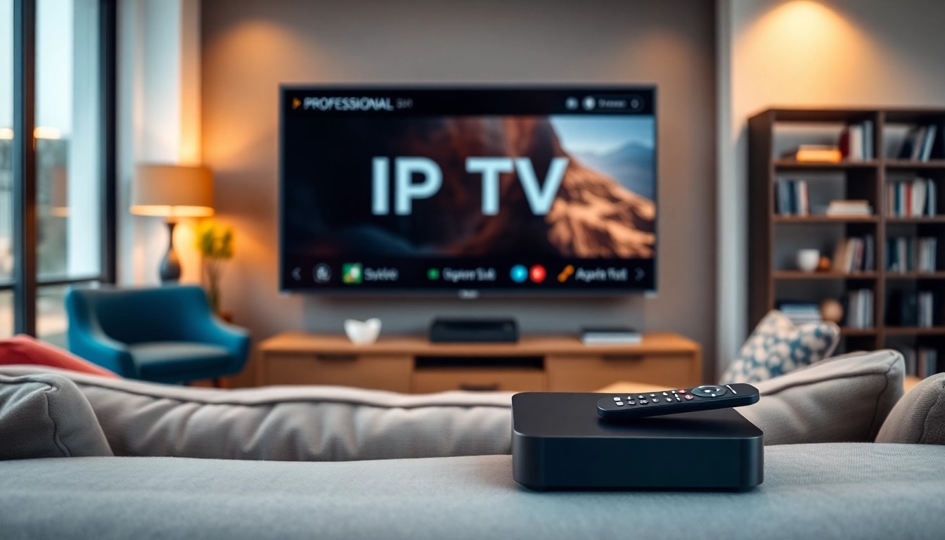 Sehen Sie sich die IPTV Deutschland in einem modernen Wohnzimmer an, mit einem eleganten Fernseher und Streaming-Box.