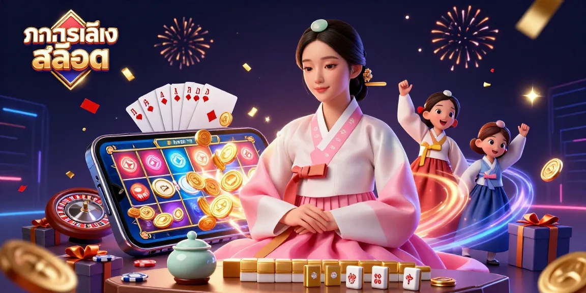 Engage in exciting ทดลองเล่นสล็อต experiences with vibrant visuals of spinning reels and casino elements.