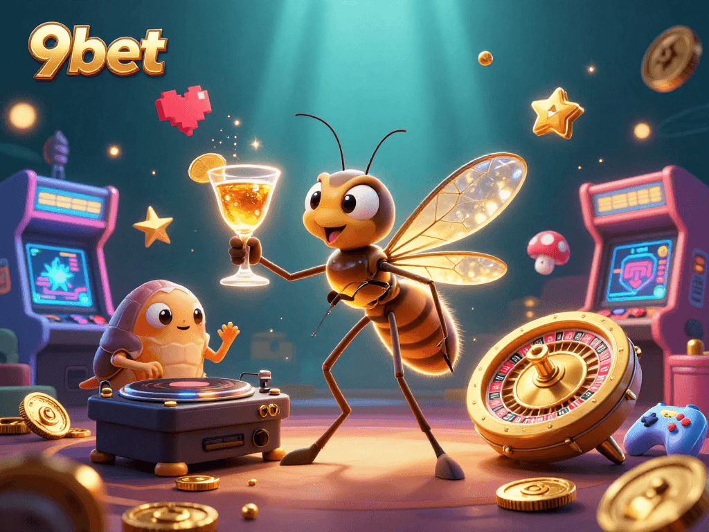 Engage in thrilling casino fun with 9bet’s vibrant gaming scene featuring animated characters.
