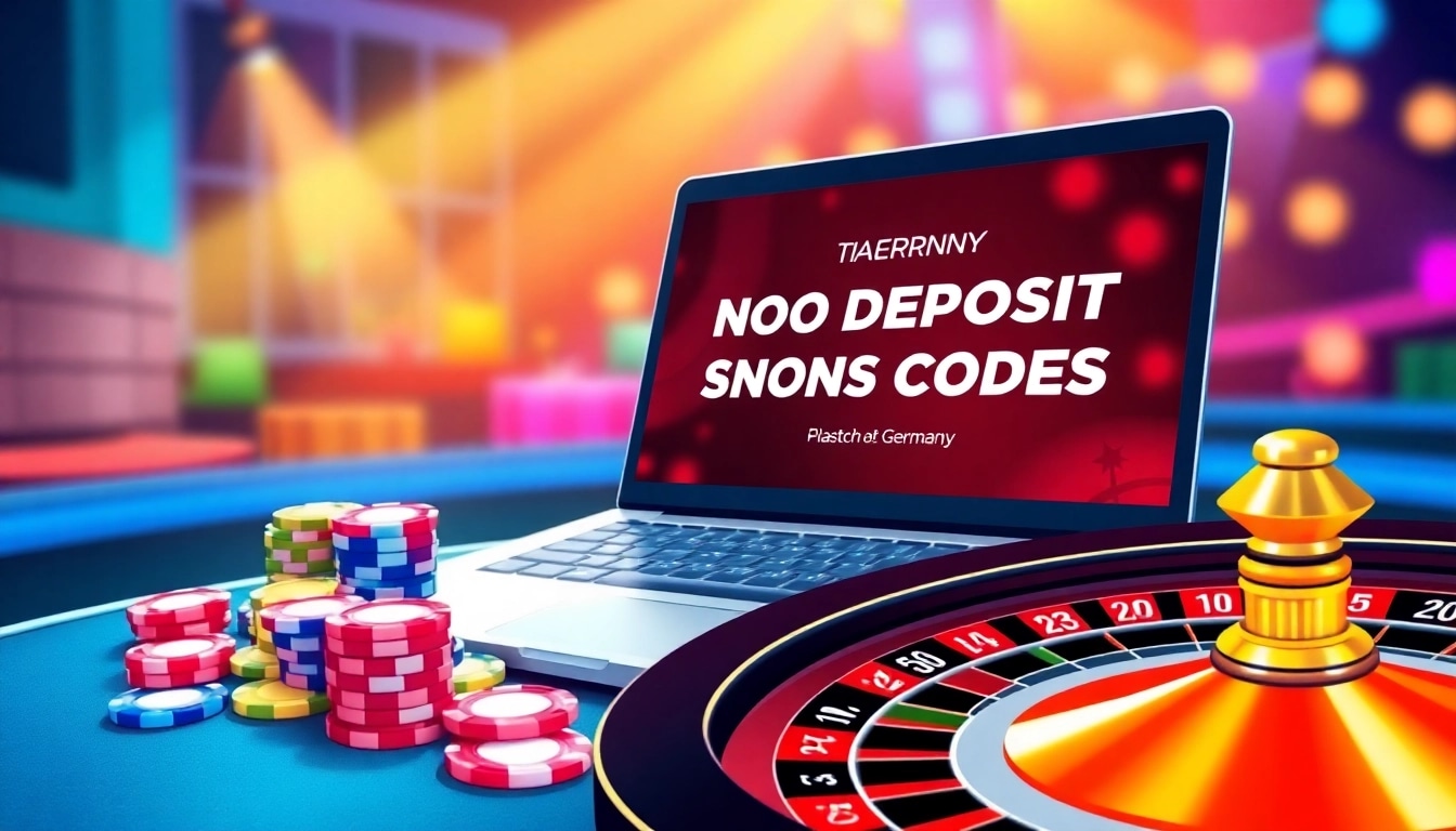 View exciting new no deposit casino bonus codes Germany on a laptop screen amid colorful casino elements.