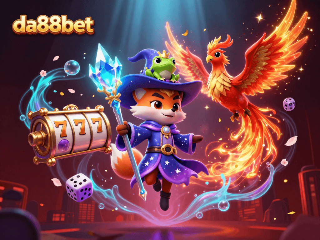 Engage in thrilling gameplay with da88bet, showcasing a magical wizard fox and phoenix amid dynamic casino elements.