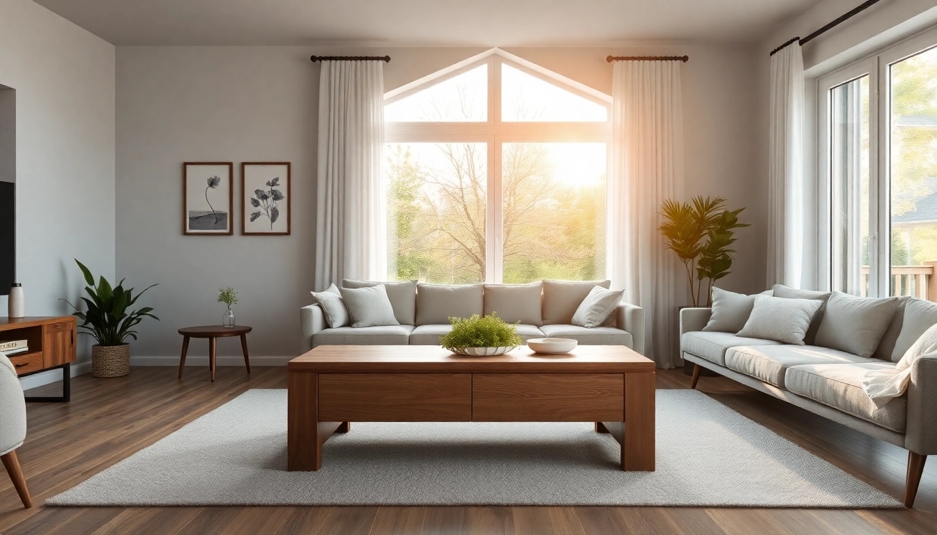 Erkunde den Hauskauf mit einem stilvollen Wohnzimmer in einem modernen Einfamilienhaus, erhellt von natürlichem Licht.