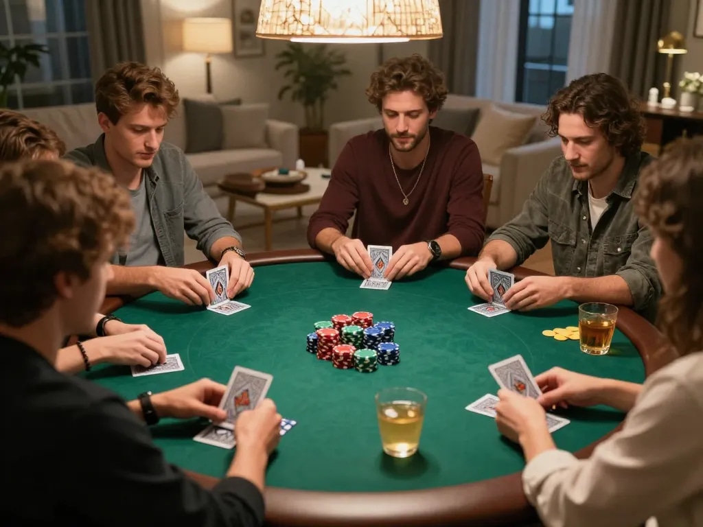 Savoring strategic moments with friends at a home poker night, emphasizing soi kèo nhà cái.