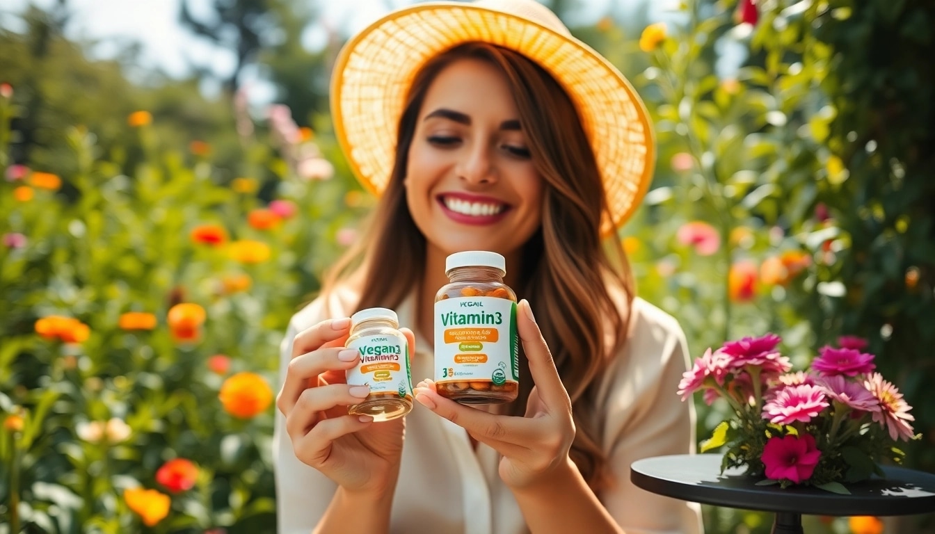 Veganes Vitamin D3 wird von fröhlicher Frau im Garten präsentiert.