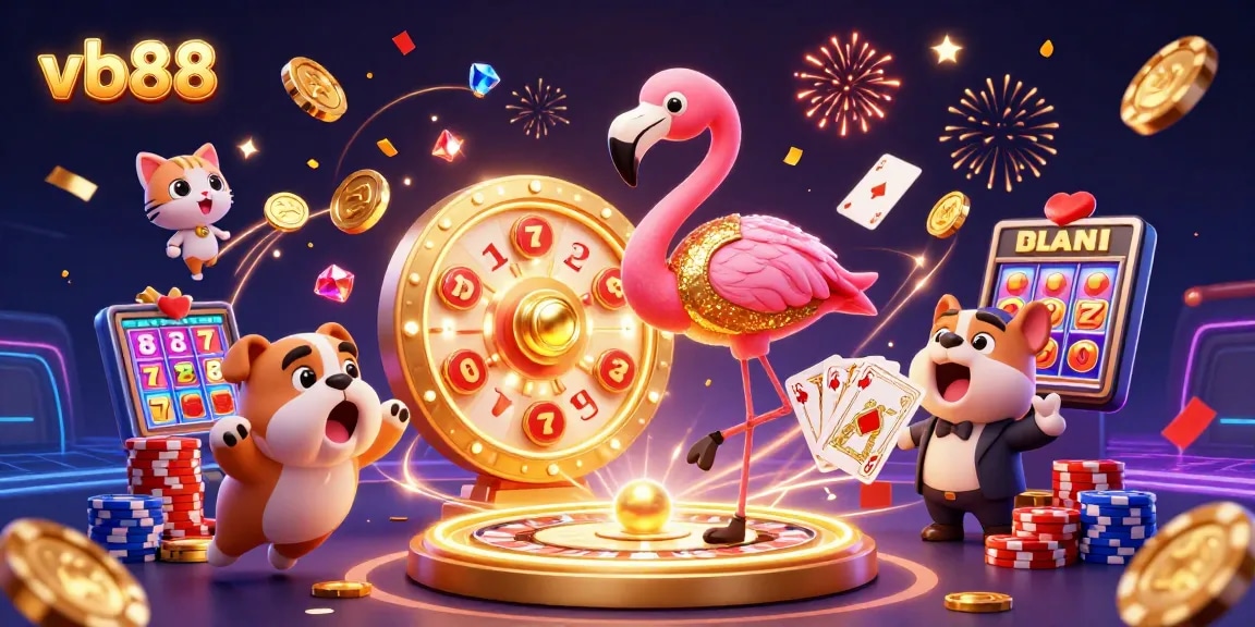 Spin the prize wheel with vb88 featuring a flamingo, bulldog, and cat in a vibrant casino scene.