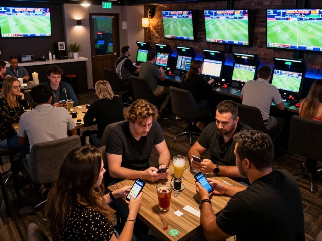 Exciting sports betting ambiance at Fabet with patrons actively placing bets on live events