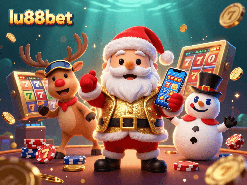 Spin the reels of lu88bet alongside Santa, as golden coins and dynamic jackpot visuals create a festive gambling scene.