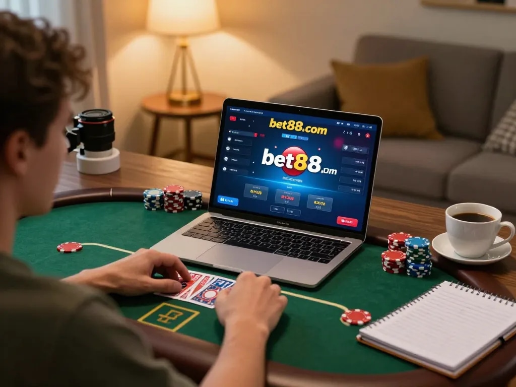 Person playing poker online at bet88.com with vibrant interface and cozy home decor.