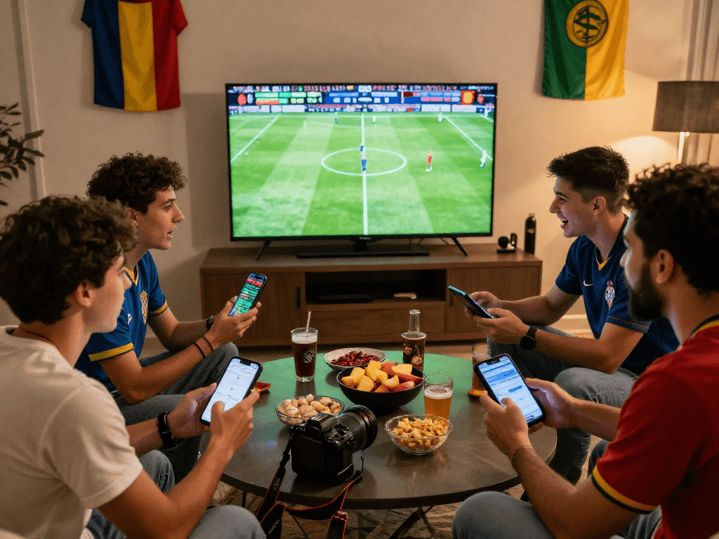 Spannende Fußball WM Wettanbieter Szene mit Freunden, die Wetten platzieren und ein Spiel verfolgen.