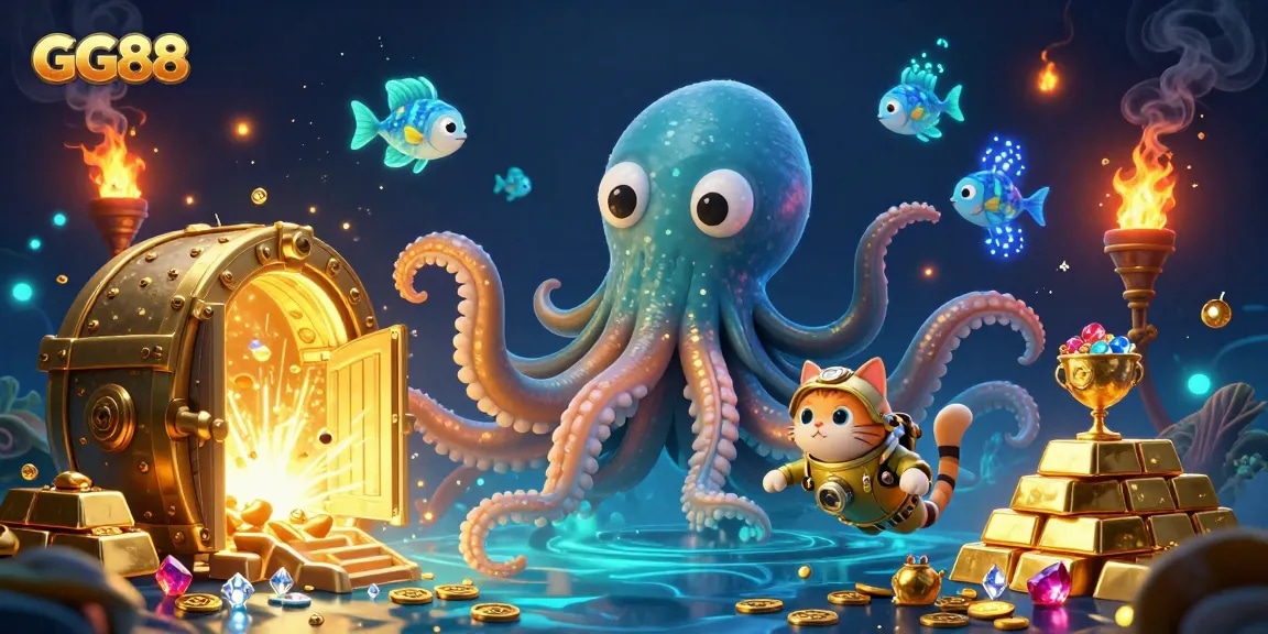 Engage in thrilling games at GG88 with a vibrant ocean-themed illustration featuring a kraken, diving cat, and treasure.