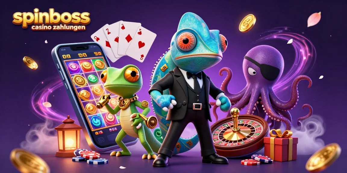 Die Illustration zeigt SpinBoss Casino Zahlungen mit einem Chamäleon-Agenten, einem Gecko und einem Oktopus im Casino-Stil.