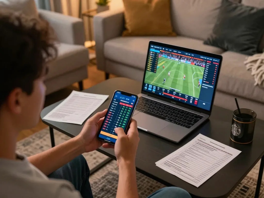 Engaging online sports betting experience at home showcased with Man 88 app interface and strategic betting slips.