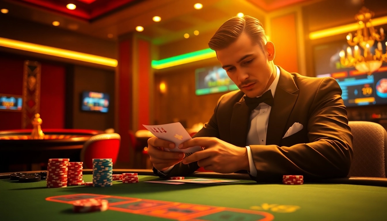 Experience thrilling poker action at xin88 with a luxurious casino scene featuring players and chips.