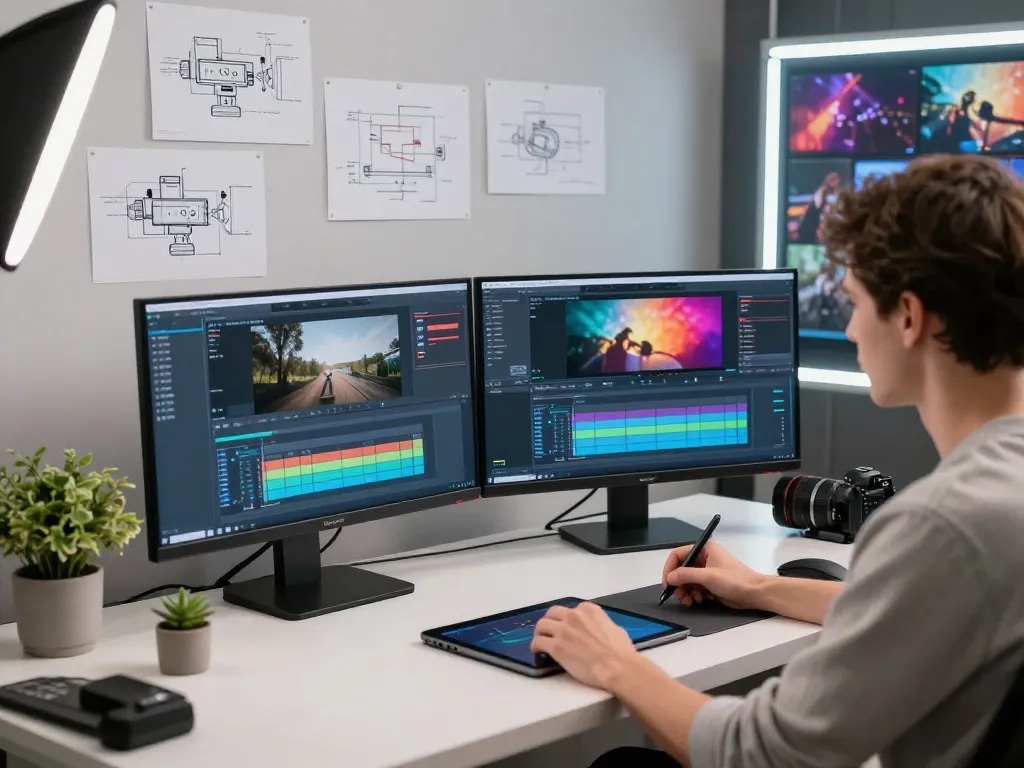 Dynamic scene of motion control video editing in a modern studio, showcasing technology and creativity.
