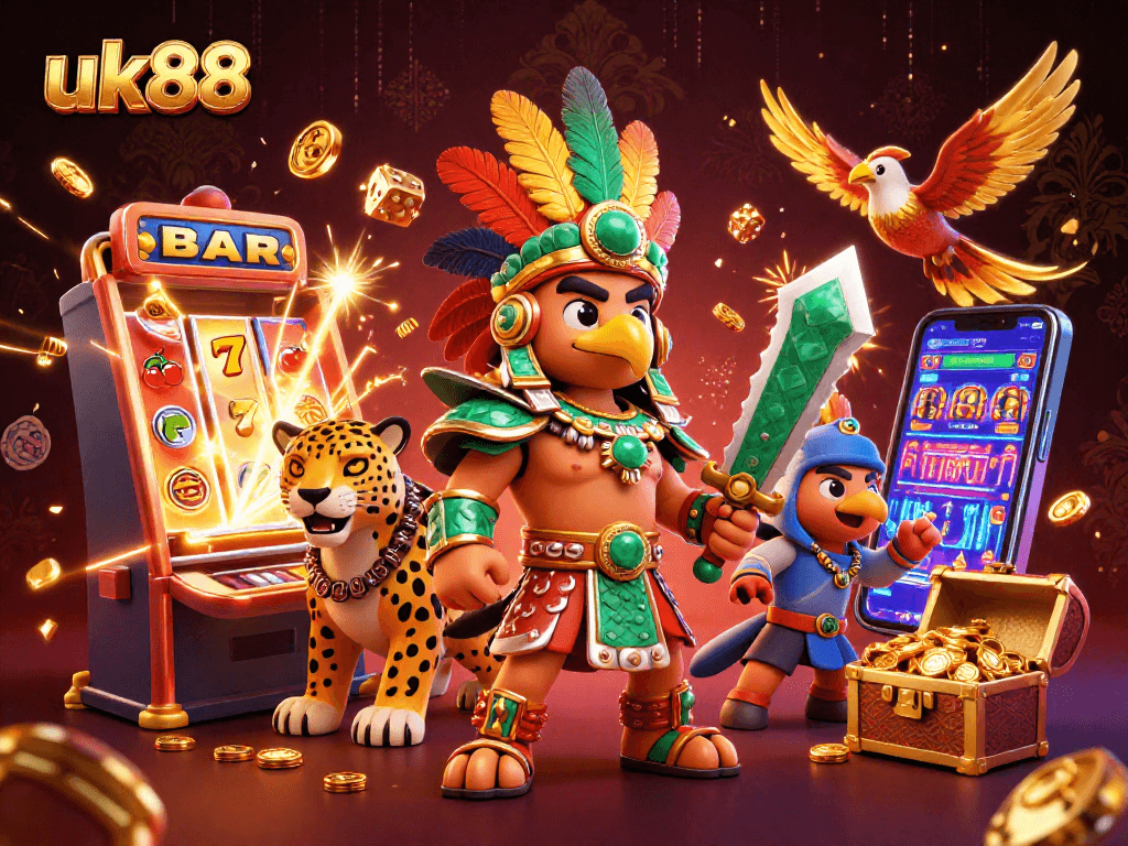 Experience thrilling gameplay with uk88's vibrant casino scene featuring slot machines and animated characters.