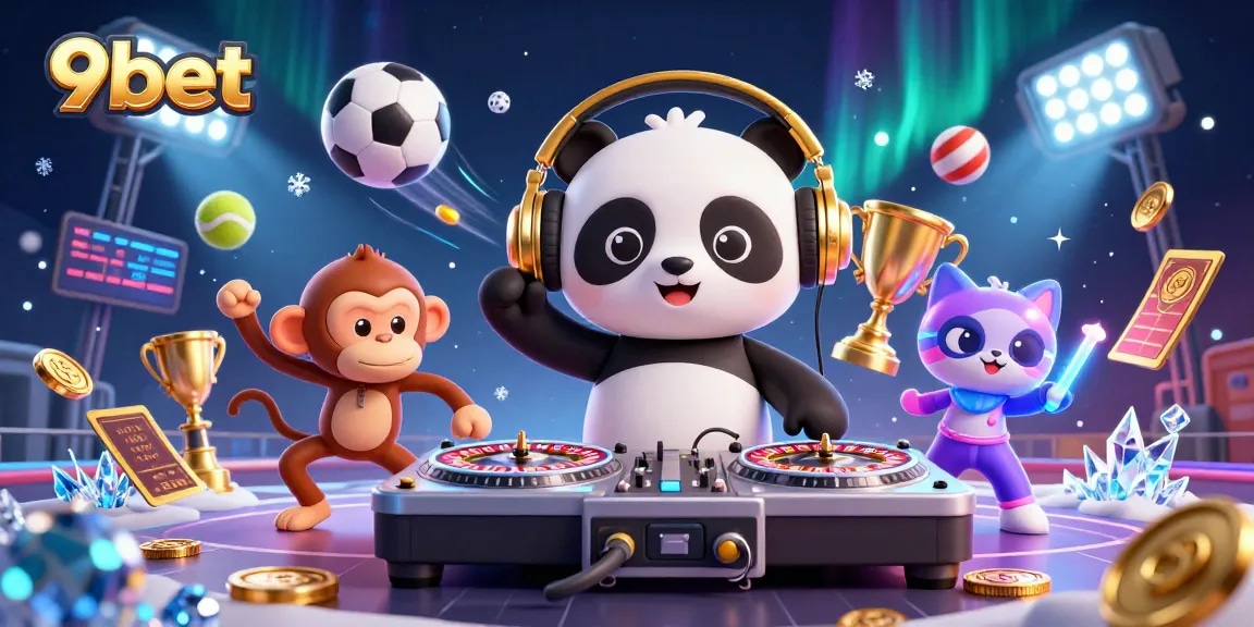Experience thrilling gaming action with 9bet as DJ panda spins and characters showcase casino cheer.